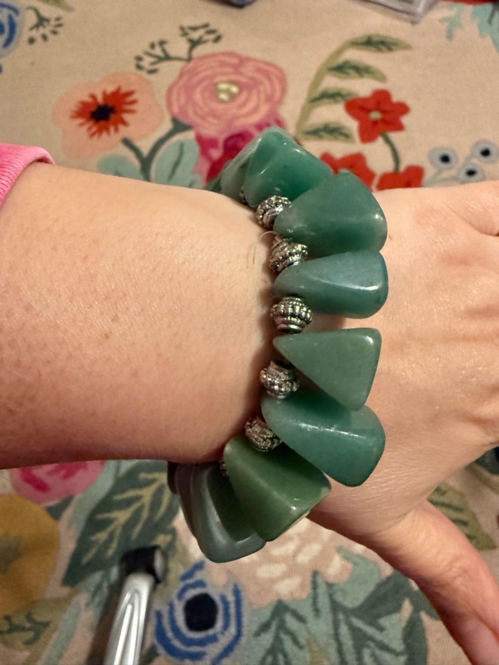 Green Stone Stretch Bracelet with Silver Accent Beads